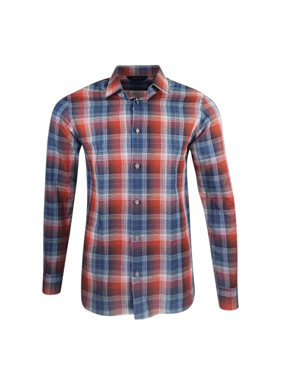 Z Zegna Long-sleeved Plaid Shirt Red-blue  Z Zegna Long-sleeved Plaid Shirt Red-blue