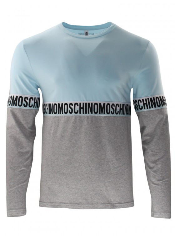 Moschino Long sleeve two tone T shirt in pale blue and grey - A1810-8121-1333