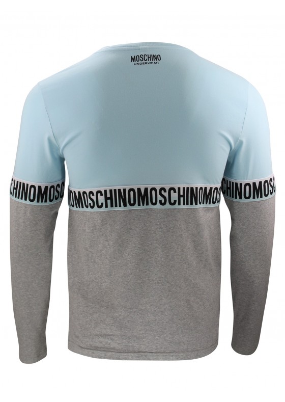Moschino Long sleeve two tone T shirt in pale blue and grey - A1810-8121-1333